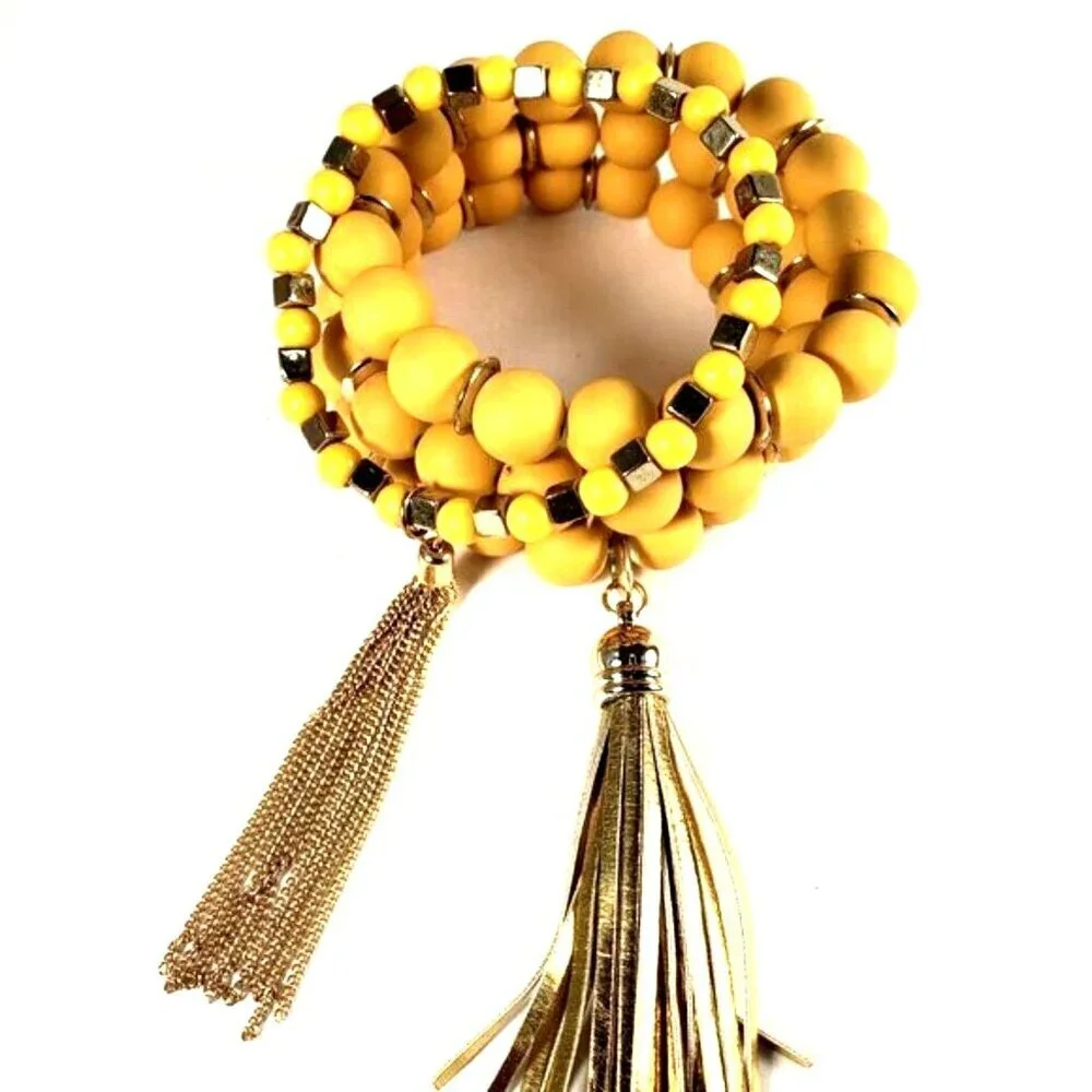 Set of 4 Yellow Beaded Tassel Colorful Bracelet– Stretchy Layered Boho Chic